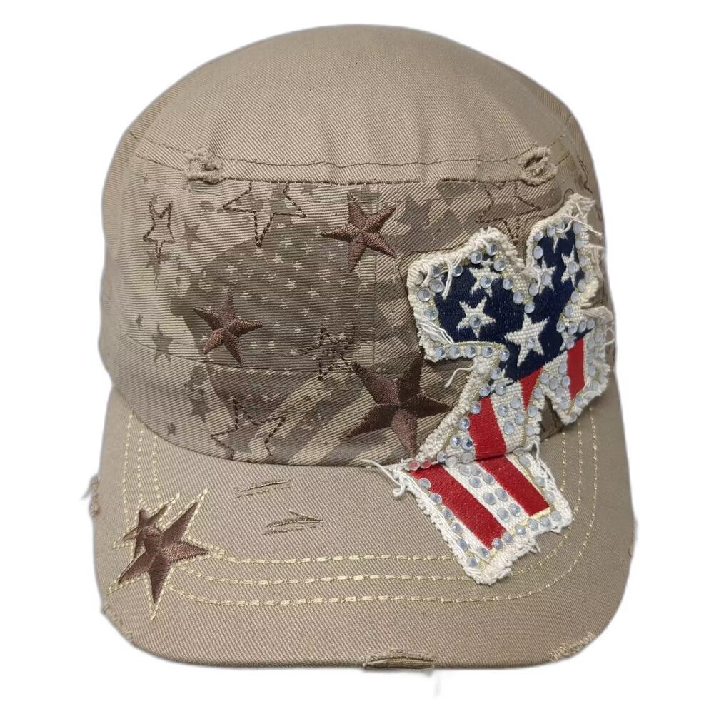 KBETHOS Army Cap Beige Slideback OS Hat American Flag Rhinestone Cross Stars